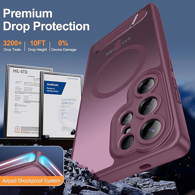 Magnetic for Samsung Galaxy S25 Ultra Case, [Compatible with MagSafe][Full Camera Protection][Built-in Invisible Kickstand] Translucent Matte Phone Case for S25 Ultra 6.9" - Wine Red