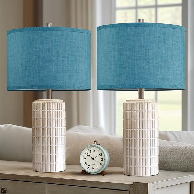 AIEAMPDO 23" Modern Ceramic Nightstand Table Lamps Set of 2, Nautical Lamps for Bedroom Bedside, Side Table Lamps for Living Room, Dining Room, Office, 2 LED Bulbs Included (Blue)