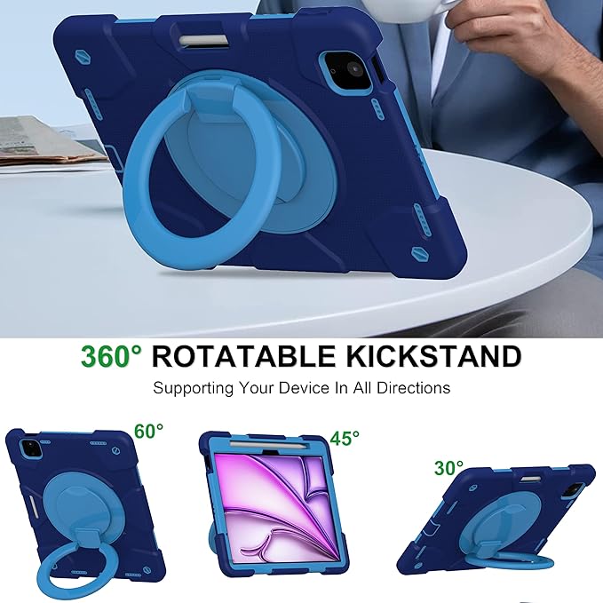 Andnary Case for iPad Air 11 inch Case M4/M3/M2 (2026/2025/2024), Heavy Duty Shockproof Cover with Screen Protector, 360° Rotating Stand, Pencil Holder, Shoulder Strap (Navy+Blue)