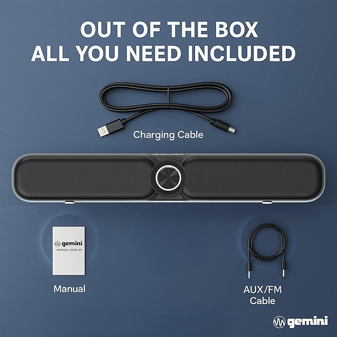 Gemini Portable Bluetooth Soundbar with FM Radio, USB & microSD Wireless Speaker with 3600mAh Battery, Multiple Input Modes, Compact Gaming & Outdoor Audio Bar (GSBR-20)