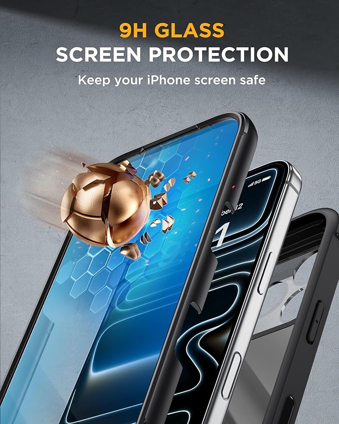 Miracase for iPhone 17 Pro Case with 360 Spin Magnetic Stand, Full-Body Phone Case with Built-in Glass Screen Protector & Camera Control, Drop Proof iPhone 17 Pro Cover, Black