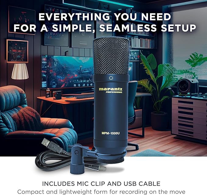 Marantz Professional MPM-1000U USB Condenser Microphone for Gaming, Streaming and Podcasting - Built-In Audio Interface, Desktop Stand, Plug-and-Play, Black