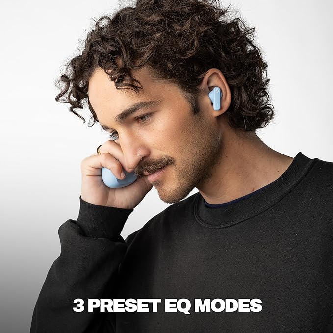 Skullcandy Smokin’ Buds Wireless Earbuds, Bluetooth Headphones, Noise Isolating Fit, Up to 20 Hours Battery, IPX4 Sweat and Water Resistant, Microphone for iPhone Android - Preppy Blue