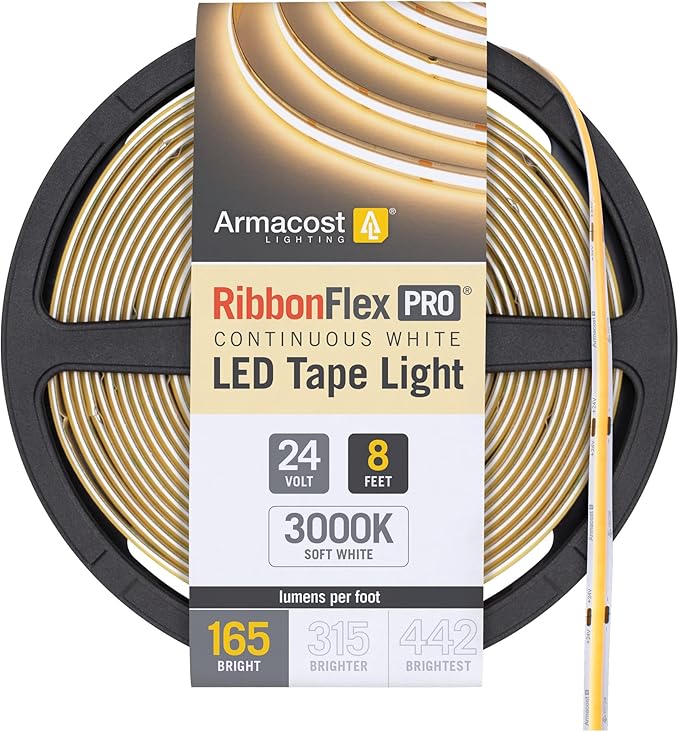 Armacost Lighting RibbonFlex Pro 24V White COB LED Strip Light Tape 3000K, 165 Lumens/Ft, 2.5M 171210