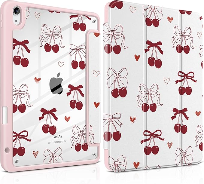 Case for iPad Air 13 inch 2026 M4 2025 M3 2024 M2 Release with Pencil Holder - Aesthetic Cute Preppy Design Trifold Cover with Soft TPU Bumper Clear Back Auto Sleep for Girls Women, Cherry