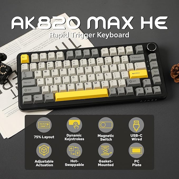 MechLands AJAZZ AK820 MAX HE Hall Effect Magnetic Gaming Keyboard, Adjustable Actuation, 8KHz Polling Rate, Wired Rapid Fast Keyboard, Creamy Gasket, RGB Backlight, NKRO for Win/Mac (Black)