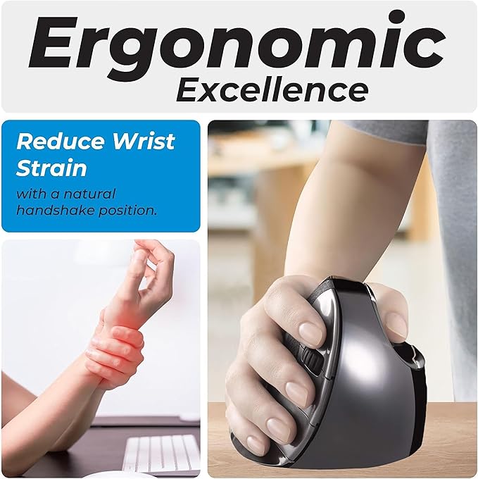 Evoluent – Inventor of The Vertical Mouse – VMDLW Ergonomic Vertical Mouse Right Hand Large USB Wireless, Sculpted for Comfort, Reduces Wrist Strain, 4 Speeds, 6 Customizable Buttons in Windows