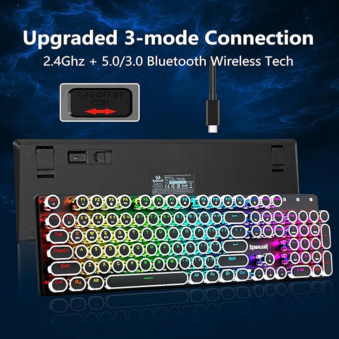 Redragon Wireless Typewriter Style Mechanical Gaming Keyboard, Bluetooth/2.4Ghz/Wired, RGB Backlit, Rechargeable, Blue Switch - Clicky, Metal Panel, Round Keycaps, Black