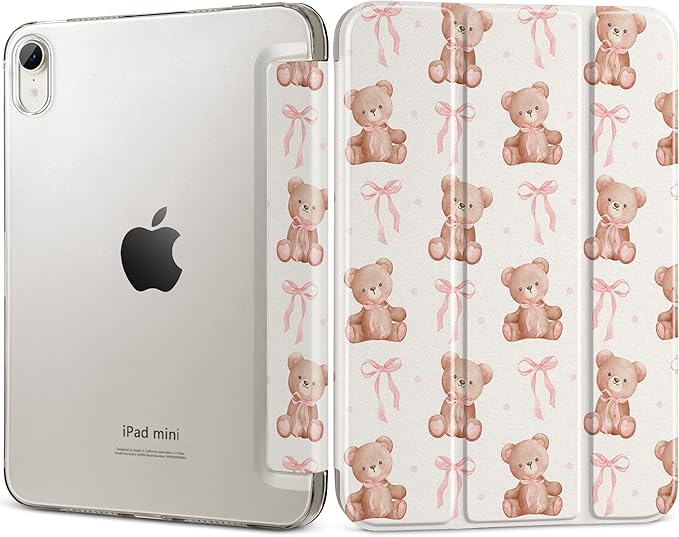 DONGKE for iPad mini 7 (A17 Pro) 2024 & iPad mini 6 2021 8.3 Inch, Slim Foldable Stand Hard PC Translucent Back Shell Smart Cover for iPad mini 7th/6th Generation [Auto Wake/Sleep] - Bear with Bows