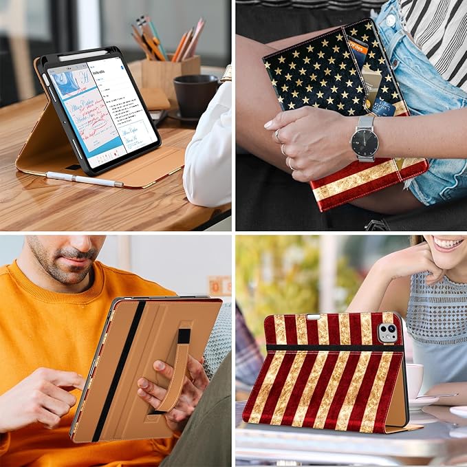 DTTO for iPad Pro 11 inch Case (M5/M4) 2025/2024, Premium Leather Business Folio Stand Cover with Pencil Holder - Auto Wake/Sleep and Multiple Viewing Angles, US Flag