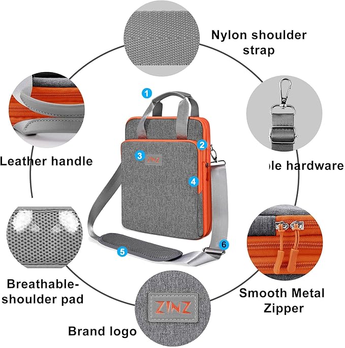 ZINZ Laptop Shoulder Bag 12.3-13 inch Case Sleeve, Expandable Handbag with Valuables Compartment Compatible with MacBook Air/Pro/Neo 13", iPad 12.9"/13"/11", Shockproof,Gray-Orange edge