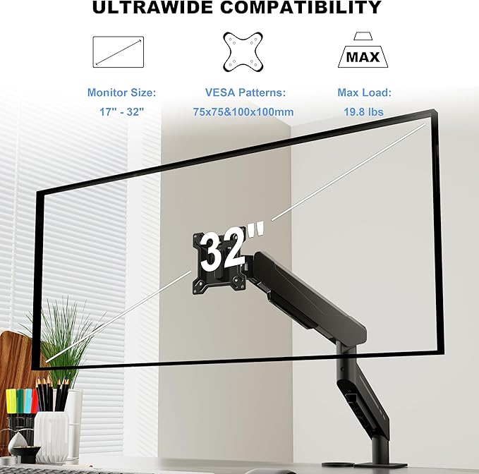 THEARK Single Monitor Desk Mount 17"-32" Screens - Adjustable Gas Spring Monitor Arm Computer Monitor Stand up to 19.8 lbs,VESA Arm Desk Mount with C-Clamp and Grommet Base,VESA 75x75/100x100mm,Black