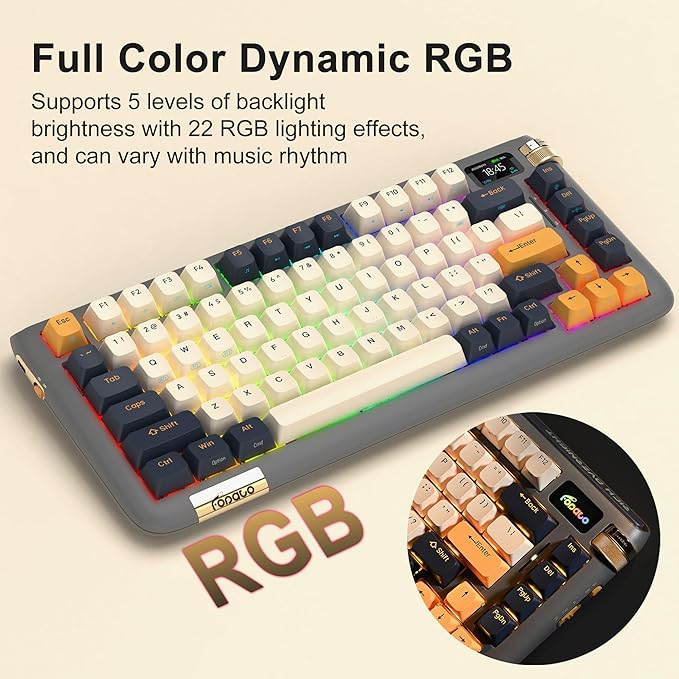 F75 Mechanical Keyboard, 75% Hot Swappable Gasket Structure Tri-Mode Gaming Keyboard, 81 Keys RGB Bluetooth Wireless Keyboard with Linear Switch, PBT Keycaps, Screen for Windows Mac (Gray)