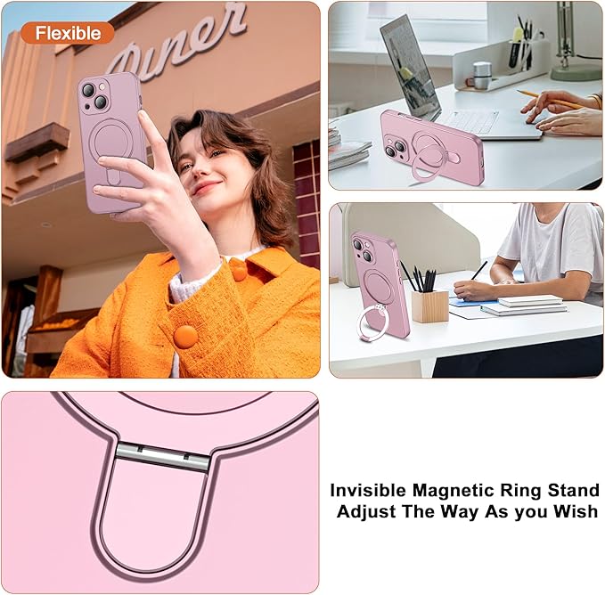 Compatible with iPhone 15 Case with Magnetic Ring Stand [Compatible with Mag-Safe] [Full Camera Lens Protector] Soft Plating Phone Case for iPhone 15 6.1", Rose Gold