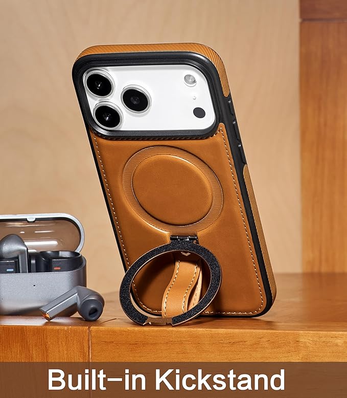 Butaiga for iPhone 17 Pro Leather Case with Stand, Anti-Slip Grip Ring, Fits for MagSafe (Brown, iPhone 17 Pro)