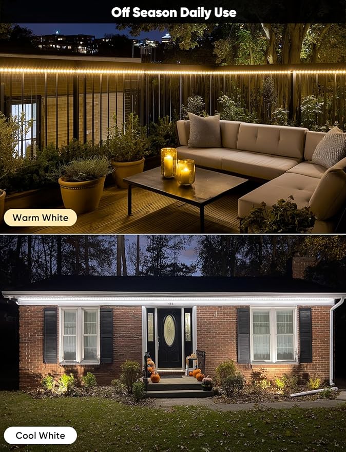 65FT Outdoor LED Strip Lights RGB+IC with Warm&Cool White, ETL Listed Music Sync Light Strip AC 120V, IP65 Waterproof and Connectable, for Party Festival Eave Porch Patio Every Day Decor