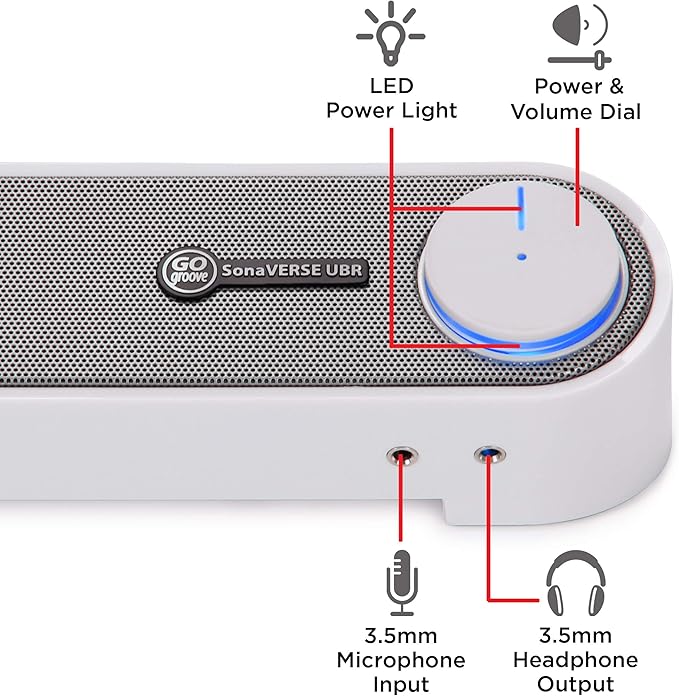 GOgroove Computer Speaker Mini Soundbar - USB Powered PC Sound Bar with Easy Setup Wired AUX, Stereo Audio, Microphone Port, Volume Control Knob, Under Monitor Design for Desktop (White)