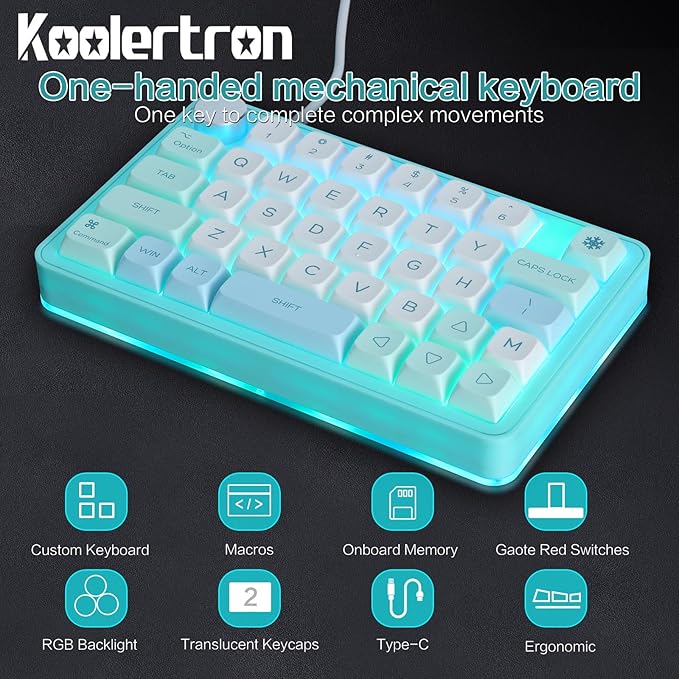 Koolertron Single-Handed Macro Mechanical Keyboard, RGB LED Backlit Portable Mini One-Handed Mechanical Gaming Keypad 39 Fully Programmable Keys (39 Keyboard Blue)