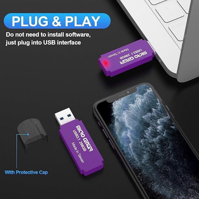 Micro Center Pro 256GB USB 3.1 Gen1 Flash Drive Faster USB Stick External Data Storage Thumb Drive (256GB, Purple)