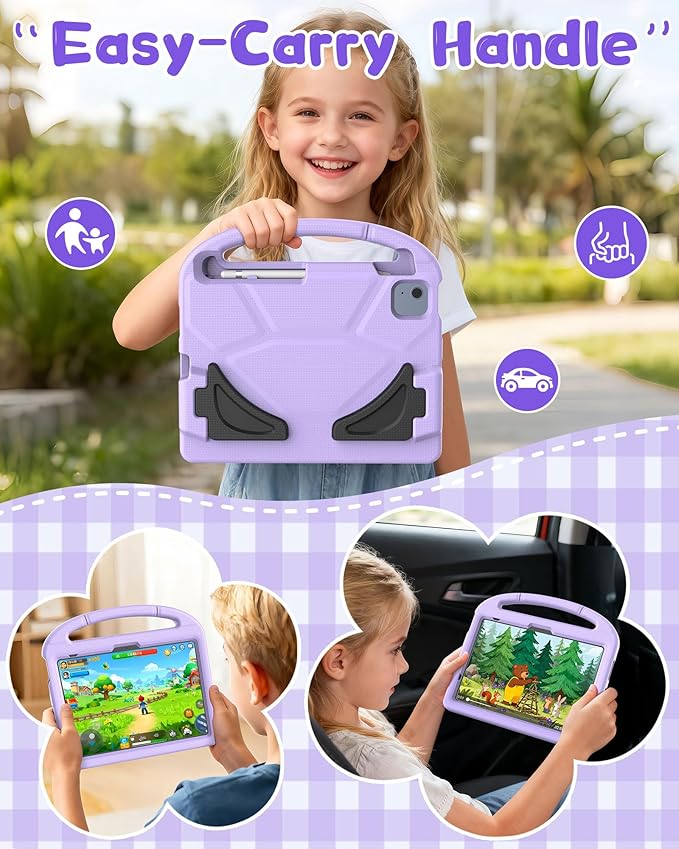 Kids Case for iPad A16 11th Gen 11-Inch 2025 & iPad 10th Generation (10.9" 2022), Durable Shockproof Fully-Body Cover with Screen Protector/Pencil Holder/Stand/Handle for Kids, Light Purple