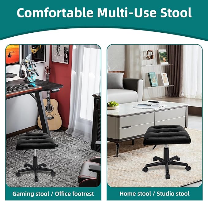 Real Leather Tall Foot Stool, Adjustable Leg Rest Ottoman Footrest with Wheels & Thick Padding, Ergonomic Footrest for Office & Gaming Chairs - Height 14.6-19.6 Inch, Lockable 360-Degree Casters