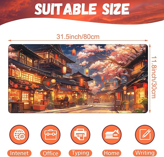 Desk Pad, Japanese Anime Night Street Scene Desk Mat, Anime Street Scene Large Gaming Mouse Pad, 31.5"x15.7" Extended Big Computer Mouse Pad with Non-Slip Base and Stitched Edge