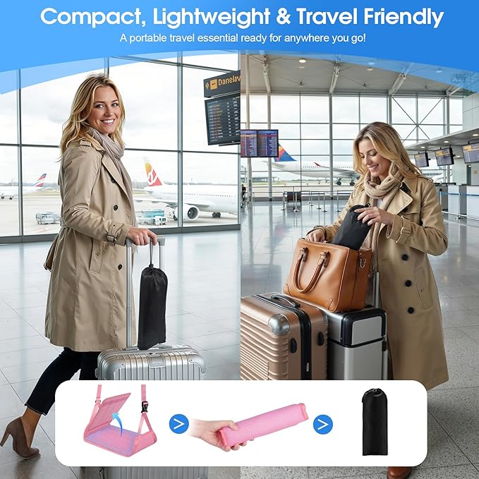 2 Pack Airplane Foot Rest - Lightweight Foot Hammock for Plane Travel with Adjustable Strap & Thick Board, Tray Table Under Desk Footrest to Relax Feet, Travel Essentials for Long Flights(Pink)