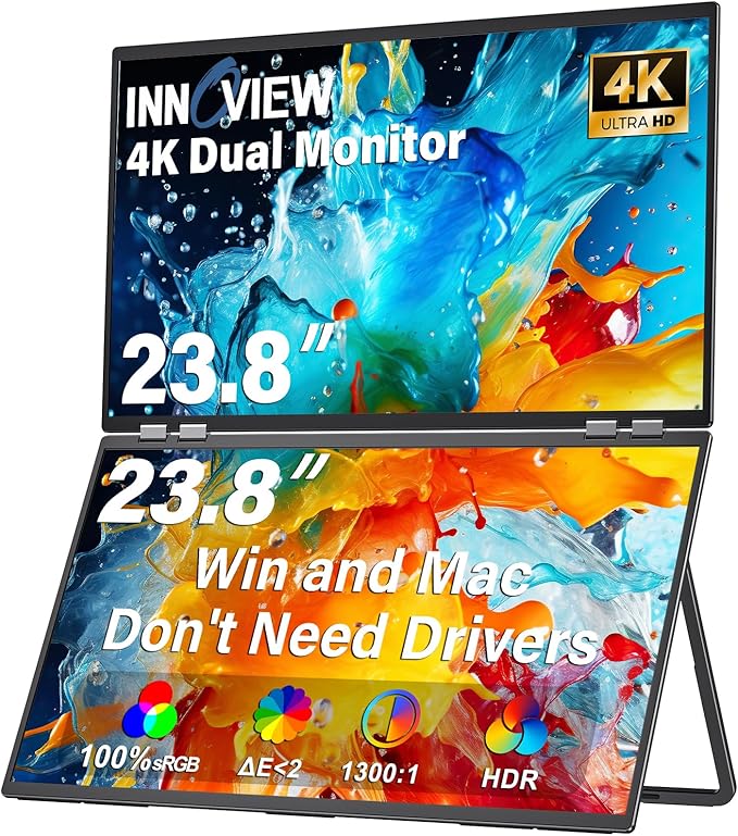InnoView Dual Portable Monitor 23.8" 3840x2160P 4K 100% sRGB 315°Adjustable Dual Stacked Foldable Monitor Built-in Speakers Screen Extender with HDMI/USB-C/DP for Laptop Windows Mac