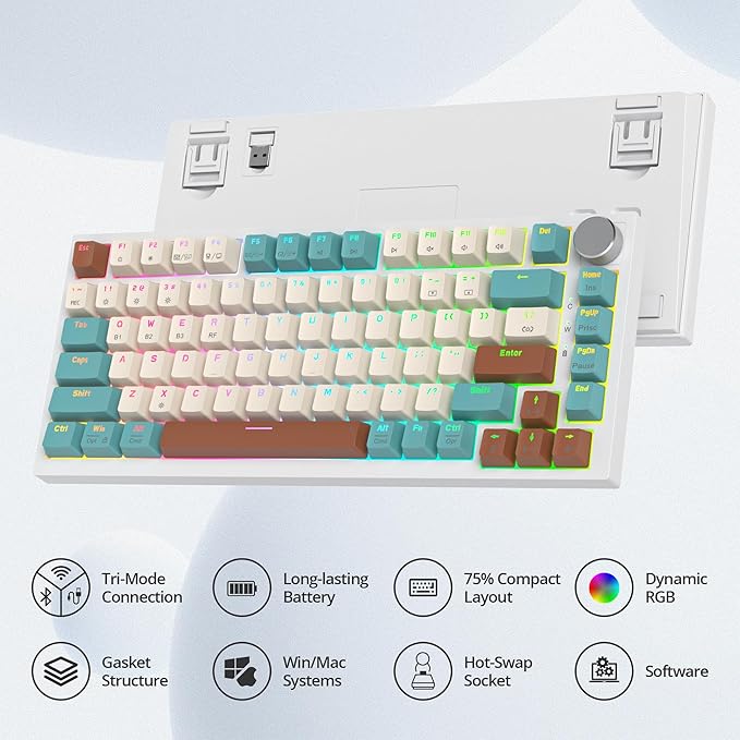 400PRO 75% Wireless Creamy Mechanical Keyboard Bluetooth, Gasket Hot Swappable RGB Gaming Keyboard, Bluetooth/2.4GHz/USB-C Thocky Keyboard with Pre-lubed Cream Grey Switches (82 Brown White)