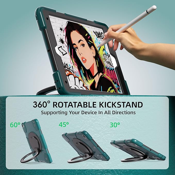Andnary Case for iPad 9th/8th/7th Generation 10.2 inch, Shockproof Cover with Screen Protector/360° Rotate Stand/Pencil Holder/Shoulder Strap, Kids Case for iPad 2021/2020/2019 (Dark Green+Black)