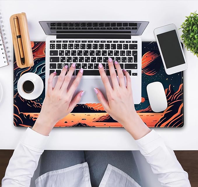 Painted Planets Desk Mat Outer Space Desk Pad, Orange Black Gaming Mouse Pad, Large Keyboard Mouse Mat Work Game, Deskmat with Stitched Edges XXL, Fun Office Decor Desk Accessories 31.5"x15.75"