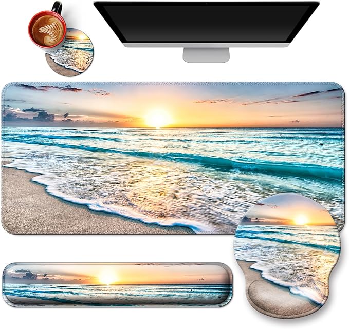 Mouse Pad + Desk Mat + Keyboard Wrist Rest + Coaster 4 in 1 Set, Cute Ergonomic Large Gaming Mousepad with Wrist Rest Support Desk Pad for Computer Laptop Office Home Decor-Beach
