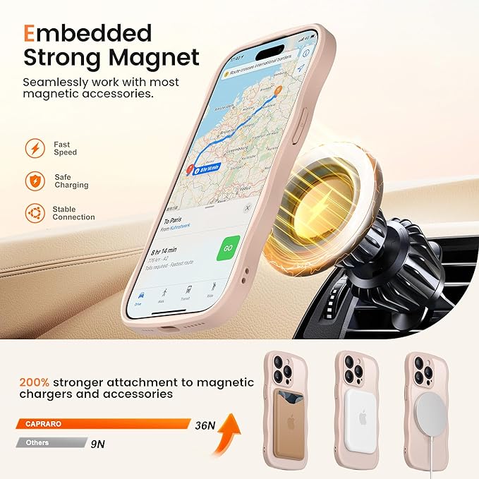 CAPRARO for iPhone 15 Pro Max Case with 360° Spin Magnetic Stand for Women, [Compatible with MagSafe] [Full Camera Protection] Cute Wave Translucent Matte Case for iPhone 15 Pro Max, Rose Gold
