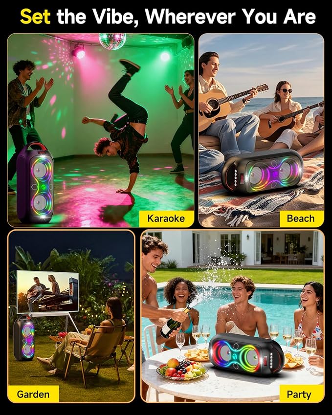 Party Bluetooth Speaker: 60W Peak Power, Deep Bass Dual Woofers, 12H Battery, RGB Lights, TWS, FM Radio, AUX/USB/Mic Input | for Indoor & Outdoor-Updated