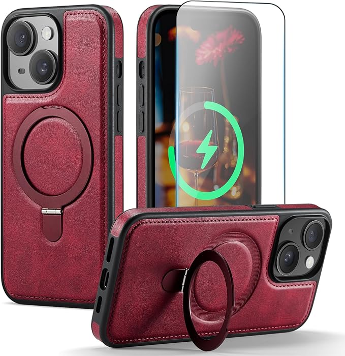 for iPhone 14 Plus Case with Stand Compatible with Magsafe Slim PU Leather & Durable TPU Drop Proof Magnetic Kickstand Protective Cover with Tempered Glass Screen Protector 6.7", Red