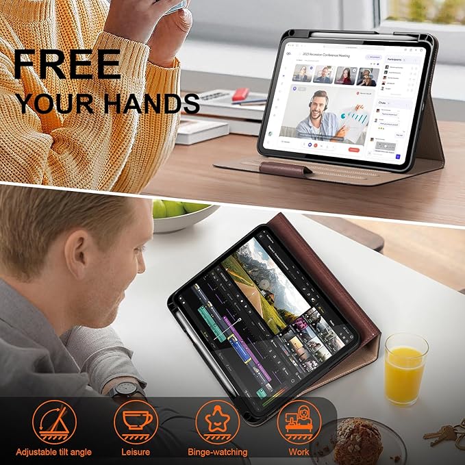 Case for iPad 12th/11th Gen 11 Inch 2026 & iPad 10th Gen 10.9 Inch, with Pencil Holder, Auto Wake/Sleep, Adjustable Stand, Protective Leather Folio with Buckle Red Brown