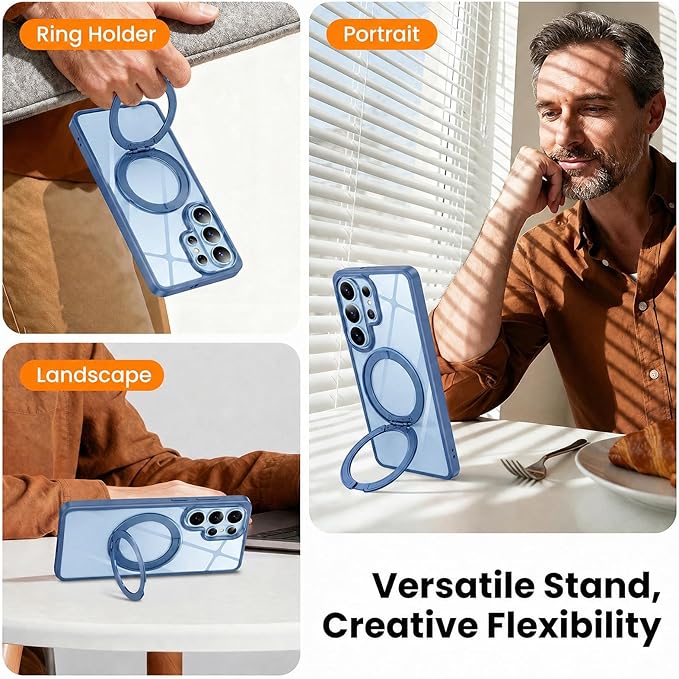 360°Ring Stand for Samsung Galaxy S26 Ultra Case with 1X Screen Protector +1X Camera Cover,Fit for MagSafe, Anti-Yellowing & Scratch-Resistant Back Phone Case for Galaxy S26 Ultra 6.9", Clear Blue
