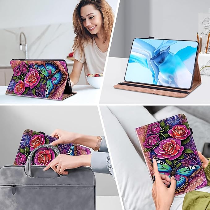 Case for iPad (A16) 11th Generation 11 Inch (2025), iPad 10th Generation 10.9 Inch (2022), Multi-Angle Viewing PU Leather Case with Elastic Band, Pencil Holder & Card Slots-Colorful Butterfly