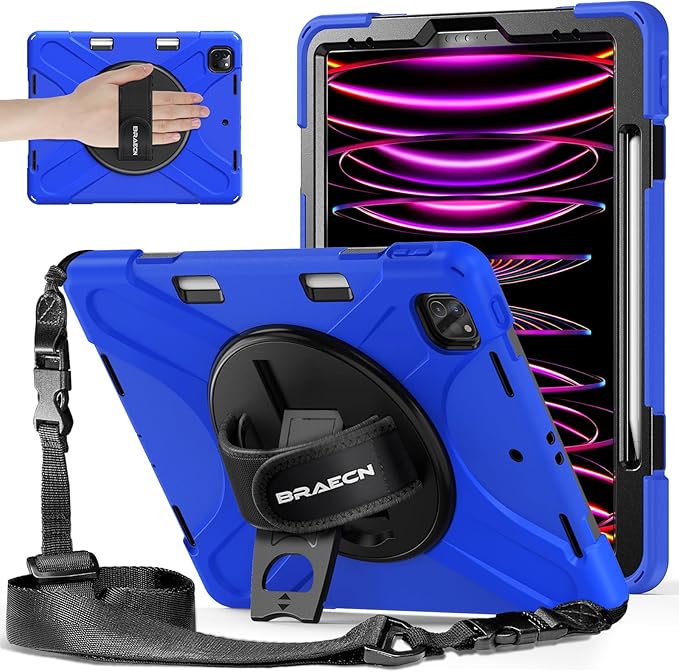 BRAECNstock Case for Apple iPad Air 13 inch (M4/M3/M2)/ iPad Pro 12.9 inch 6th/5th/4th/3rd Gen, Shockproof Protective Kids Case with Pencil Holder, 360° Rotating Stand&Hand Strap, Shoulder Strap, Blue
