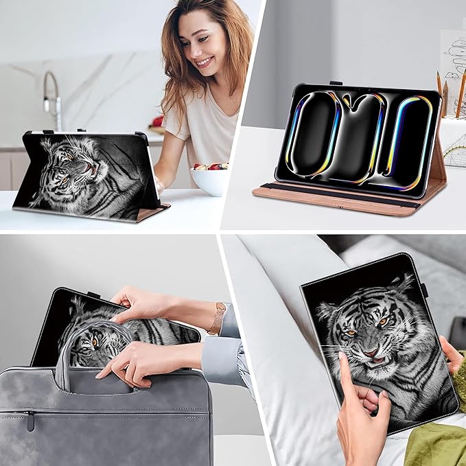 Case for iPad Pro 11 inch Case (M5/M4) 2025/2024, Premium Leather Folio Stand Cover with Auto Wake/Sleep, Pencil Holder and Card Slots - Black Tiger