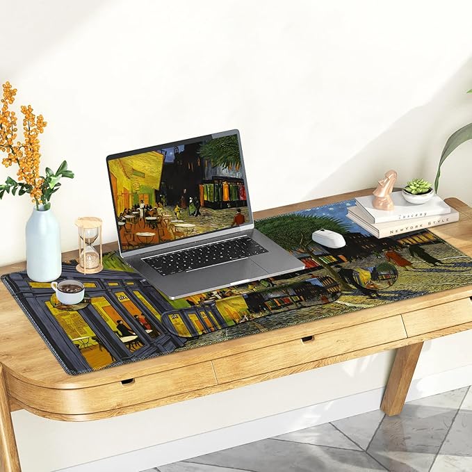 Large Gaming Mouse Pad Set, 4 in 1 Ergonomics Keyboard Desk Mat Memory Foam Wrist Rest, Computer PC Extended Game Mousepad, Non-Slip Desk Matt Easy Typing Pain Relief I Terrace of the Cafe