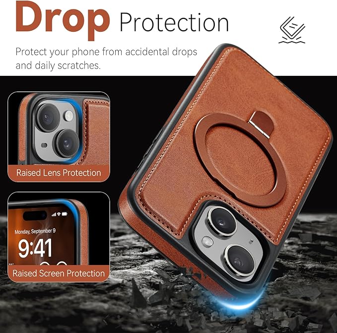 for iPhone 15 Case with Stand Compatible with Magsafe Slim PU Leather & Durable TPU Drop Proof Magnetic Kickstand Protective Phone Cover with Tempered Glass Screen Protector 6.1", Brown