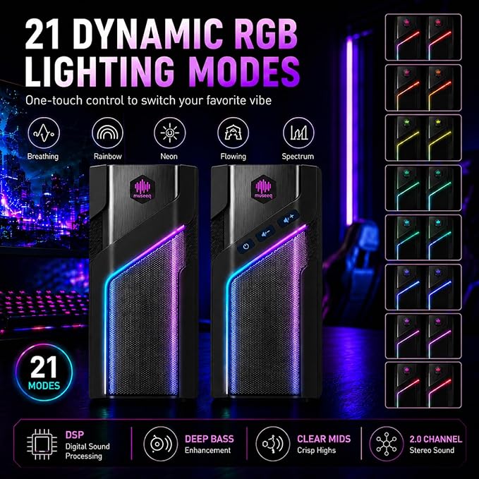 W-206RE RGB Gaming Speakers for PC, Bluetooth & USB Desktop Speakers for Gaming PC and Monitor, Touch Control Stereo Computer Speakers with 21 LED Light Modes