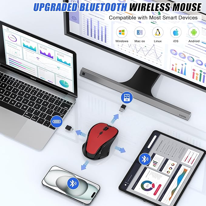 Bluetooth Wireless Mouse, 2.4G Ergonomic Rechargeable Computer Mouse for MacBook Air iPad Pro PC with Jiggler Mode, 3 DPI Levels & Forward/Back Buttons Laptop Mice for Office/Home/School - Red