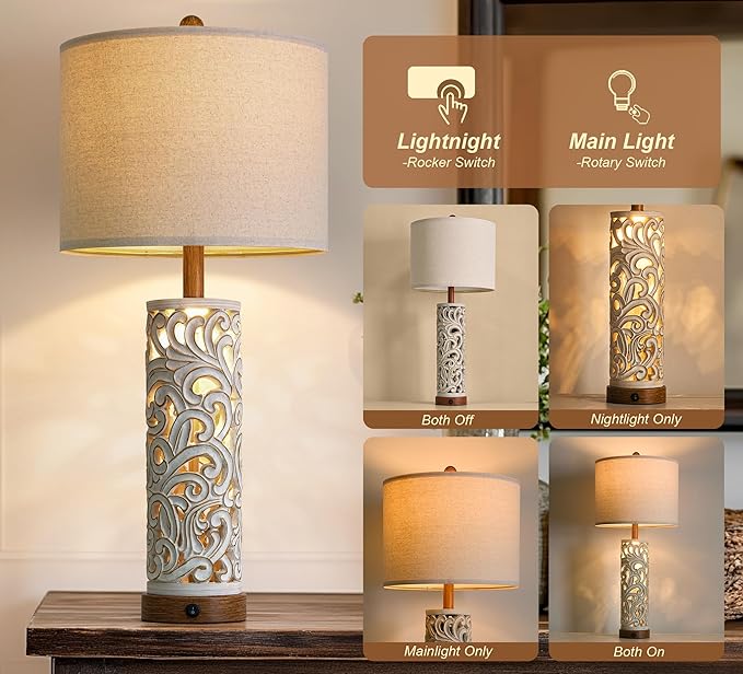 OYEARS 2-in-1 Light Table Lamp Set of 2 for Living Room, 28.5" Farmhouse Bedside Lamps with USB Charging Port, Main&Night Light & Dual Switches, Nightstand Lamp for Bedroom Home Office(Bulb Included)