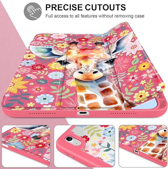 Case for iPad Air 13 inch 2026 M4 2025 M3 2024 M2 Release Slim Lightweight Shockproof Cute Hot Pink Cover with Clear Back TPU Edge Pencil Holder Trifold Stand Auto Wake Sleep, Giraffe