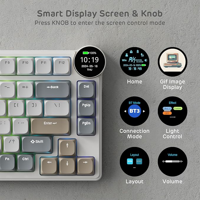 RK ROYAL KLUDGE N80 Low Profile Mechanical Keyboard w/Smart Display Screen & Knob, 75% Top Mount 3-Modes Wireless Mechanical Keyboard, Software Support, Massive Battery, 80 Keys, Quiet Red Switch