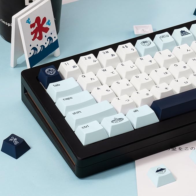 134 Keys PBT Keycaps - Dye-Sublimation Japanese Kanagawa Theme Keycaps, Cherry Profile Blue and White Cute Keycap Set Compatible with Cherry Gateron Mechanical Gaming Keyboards