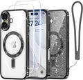 Meifigno Case Designed for iPhone 16 6.1 inch, [Compatible with MagSafe] [2X Screen Protectors] [Glitter Card & Wrist Strap] Surround Lens Protection Designed for iPhone 16 Case Girls, Black Titanium