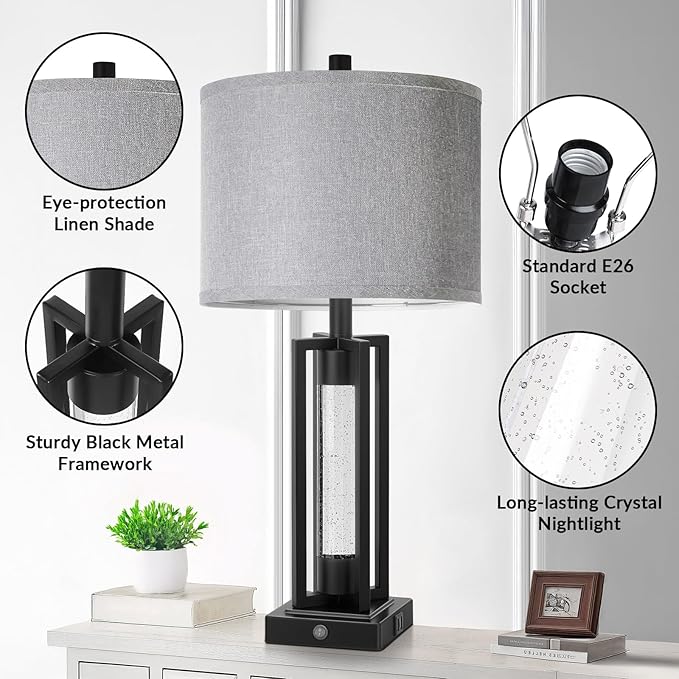 TOBUSA 26’’ Farmhouse Table Lamps for Living Room Set of 2, Modern Nightstand Lamps with Crystal Night Light & 2 USB Ports, Vintage Home Decor Black Bedside Lamps with Gray Linen Shade for Bedroom